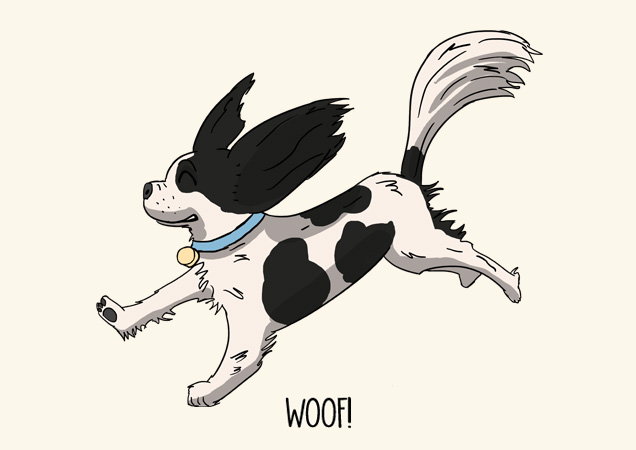 Woof! Cavalier King Charles black and white spaniel postcard by Mon Petit Chien